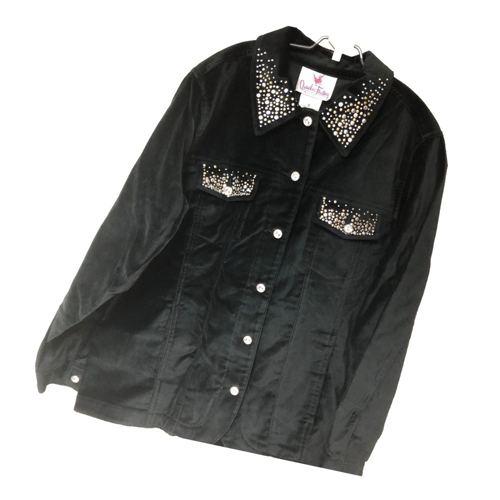 NWT Quacker Factory Womens S Black Velvet Jean Jacket Studded Bling Goth Witchy